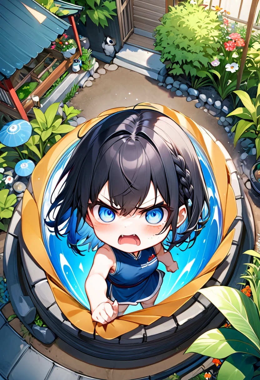 Highest quality、High resolution、Detailed Background、Beautiful face in every detail、Anatomically correct、Detailed facial expressions、fine grain、((From above))、((One Girl))、Chibi Girl、 Black Hair、beautiful clear big blue eyes、Braided Bob、Sleeveless dress、garden、Very angry、One hand raised high, ready to hit the viewer