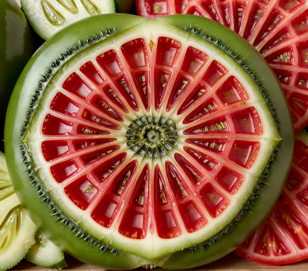 A juicy, vibrant quarter of a Longa Vida tomato, sliced vertically, showing the fresh and succulent interior. The piece should be rich in color with glistening seeds and a slightly shiny surface, emphasizing its juiciness. Only this single piece should be visible, with no green stem. --v 5 --ar 16:9
