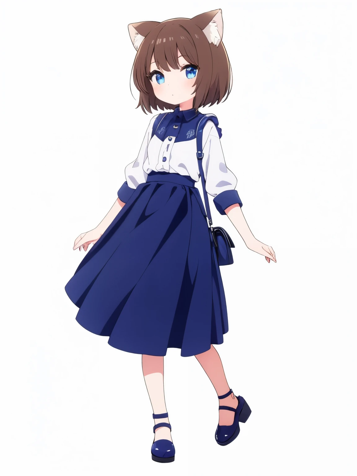 white background:1.5, (8K, Best Quality, 1girl), fashion:1.2, brown hair, blue eye, short hair, standing, full body, nekomimi, 