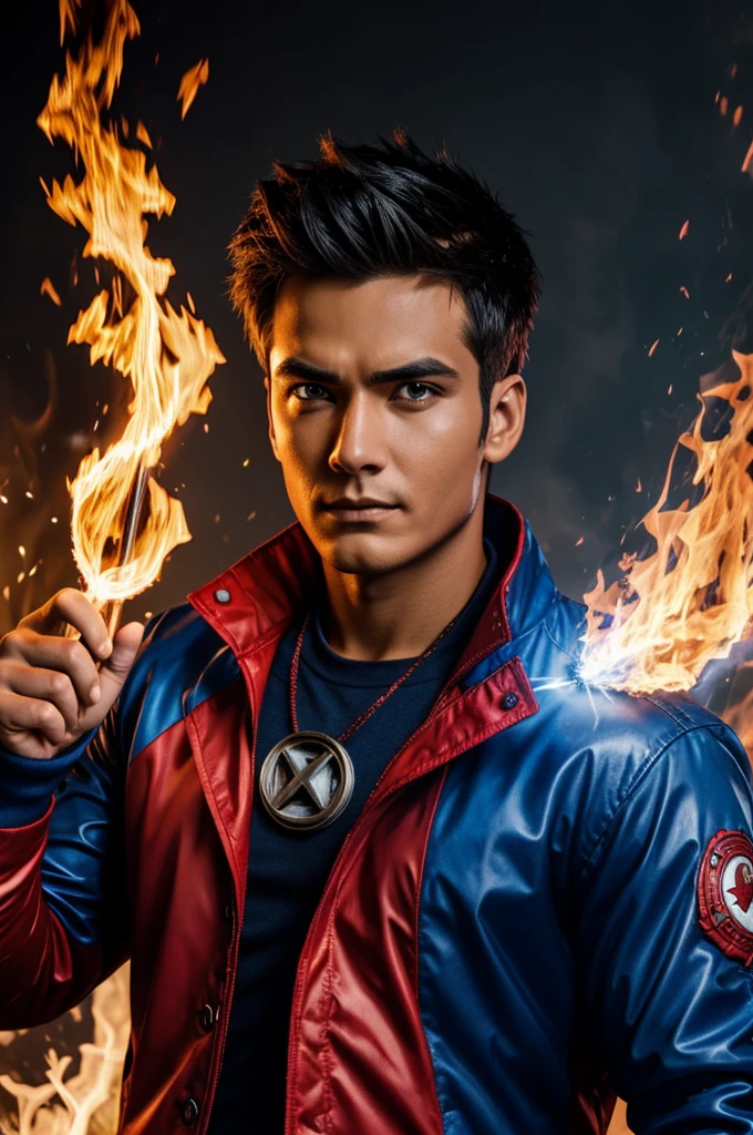 Super hero with fire in his eyes with a red and blue jacket and he has fir and water powers and he has a fire dog name mocho