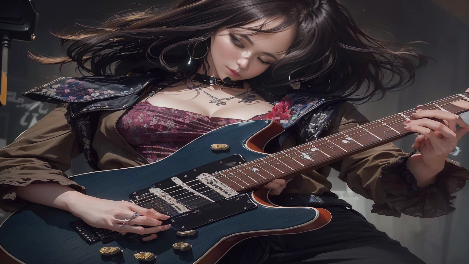 A woman in her fifties taking a photo with a guitar, artwork in the style of Gwaiz, Jan J, Gwaiz, 🌺 society, Gwaiz masterpiece, guitarist, Girl playing guitar, Guitar solo, Gwaiz on pixiv artstation, Gwaiz on artstation pixiv, Inspired by Yanjun Chen