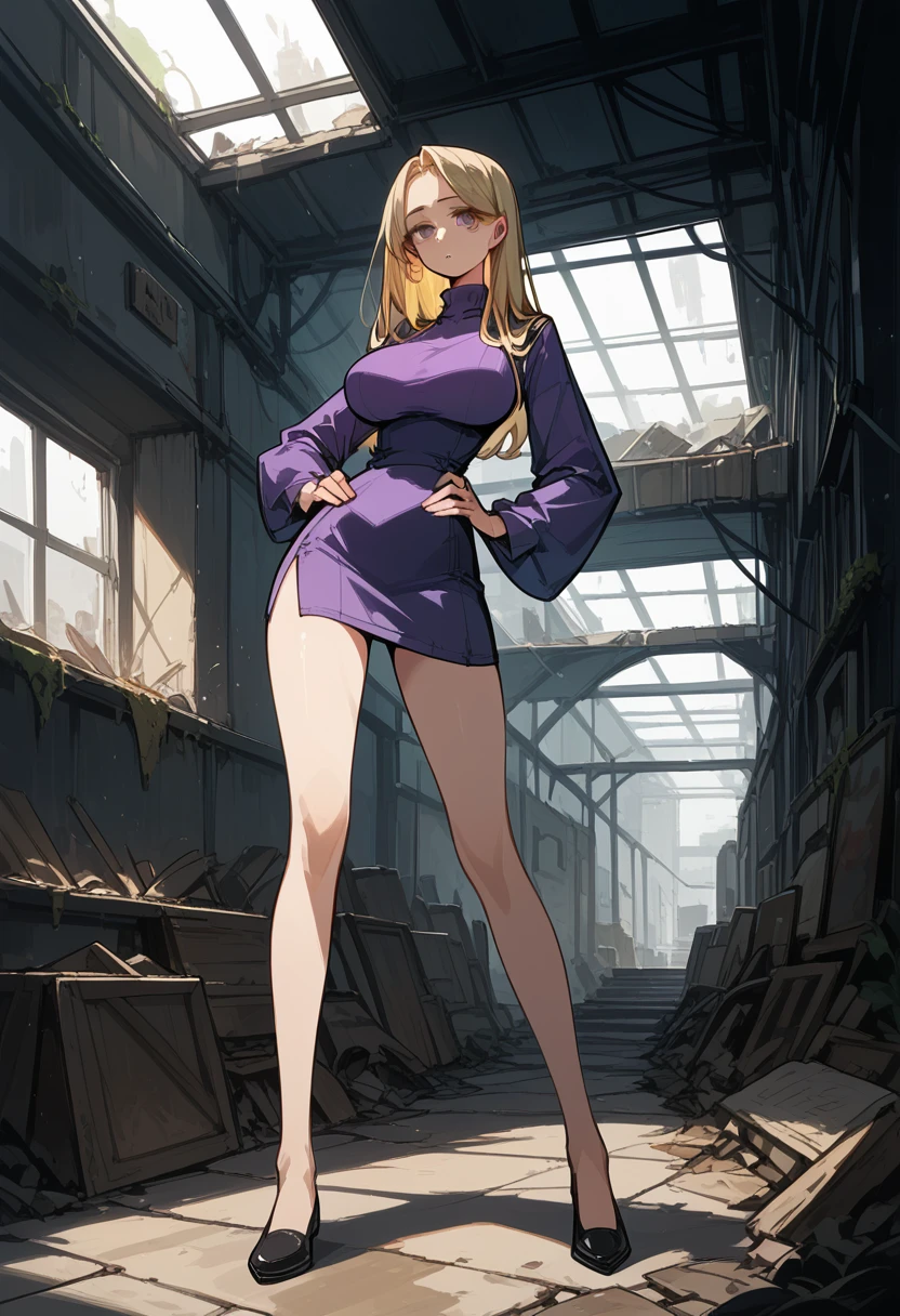 Masterpiece, best quality, Masterpiece, best quality, 1 woman, long blonde hair , purple eyes , Topless , ยีนส์Long legs , big breasts , abdomen , Long legs , Put your hands on your hips... , shoe , full body , abandoned factory , at night