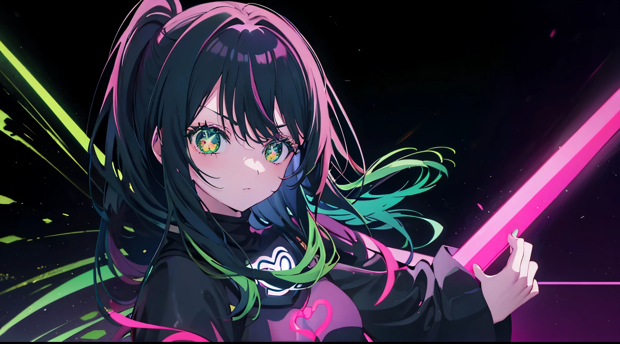 Anime girl with green eyes and neon hair in black and pink outfit