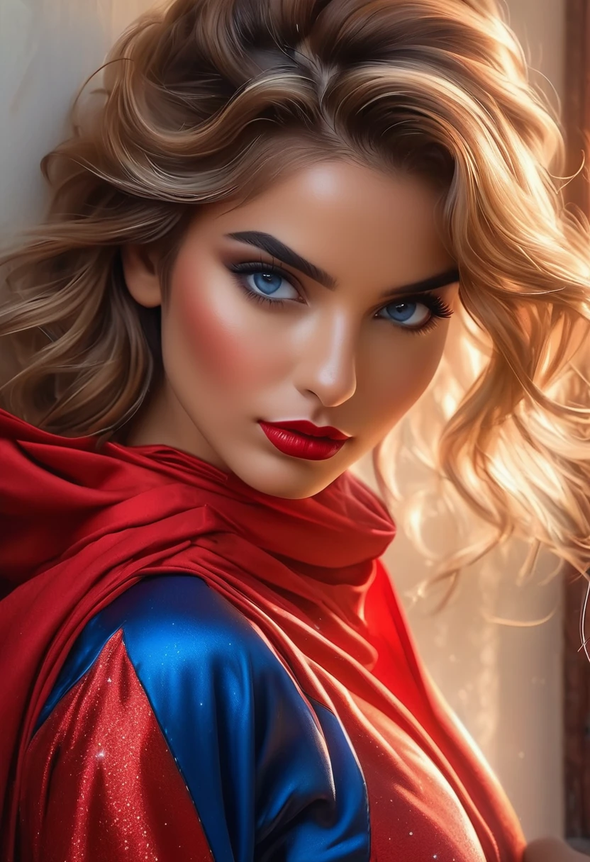 (Highest quality, 4K, 8k, High resolution, masterpiece: 1.2), (Very detailed, Realistic, Realistic:1.37)Seductive girl, Dressed in striking red and blue outfits, Standing in front of the window exuding an air of strength and determination. Her captivating eyes are exquisitely painted, Capture every sparkle and depth, Her lips are captivating and beautiful.. The attention to detail extends to the entire face., Each contour and feature is perfectly and meticulously rendered., Create a sense of hyper-realism that draws your audience in. 

Girls&#39; Clothing, Reminiscent of oil painting, It is a work of art in itself. material, Vivid brushstrokes skillfully expressed, Gives her overall look a dynamic feel. It is truly a reflection of the artist&#39;s talent., Show off your skilled techniques, (Browsing Caution:1.5), Bun hairstyle, Beautiful nipples