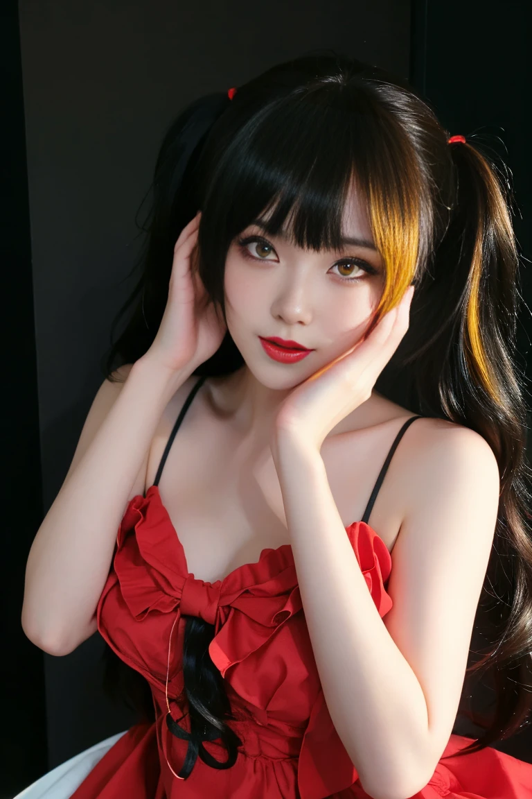 ulzzang-6500-v1.1,(raw photo:1.2),((photorealistic:1.30)), ((best quality)) ,((masterpiece)),((Ultra High Resolution)), ((Clear View)),,Ultra-high resolution,Clear face,（Reality：1.4) ,  illustration, an extremely delicate and beautiful, extremely detailed ,CG ,unity ,8k wallpaper, Amazing, finely detail, masterpiece,best quality,official art,extremely detailed CG unity 8k wallpaper,absurdres, incredibly absurdres, huge filesize, ultra-detailed, highres, extremely detailed,beautiful detailed girl, extremely detailed eyes and face, beautiful detailed eyes,light on face,cinematic lighting, kurumi tokisaki astral dress, (tokisaki kurumi:1.2), long hair, black hair, (red eyes:1.3), (twintails:1.5), (yellow eyes:1.3), hairband, (heterochromia:1.5), dress, (red dress:1.5), bare shoulders, collarbone, choker, bowtie, red bowtie, detached sleeves, corset, frills,