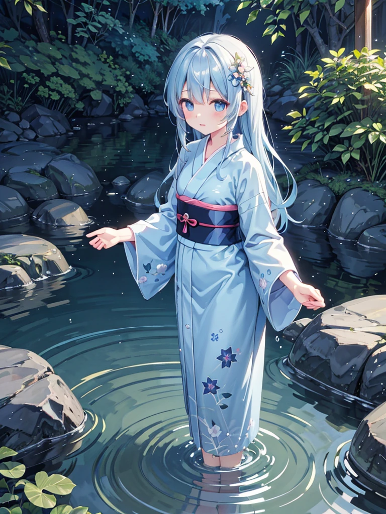 Anime illustration、masterpiece、high quality、One Girl、Long hair light blue、Wearing a yukata、Playing in the river、The length of the kimono is short、Morning glory hair accessory、Playing in the water with friends、Water splashes all around、It's summer、During the hot day、Fun-filled facial expressions、The water sparkles、