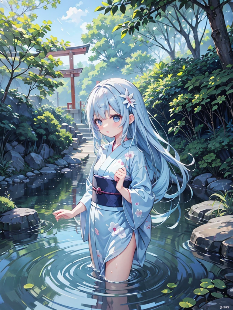 Anime illustration、masterpiece、high quality、One Girl、Long hair light blue、Wearing a yukata、Playing in the river、The length of the kimono is short、Morning glory hair accessory、Playing in the water with friends、Water splashes all around、It's summer、During the hot day、Fun-filled facial expressions、The water sparkles、