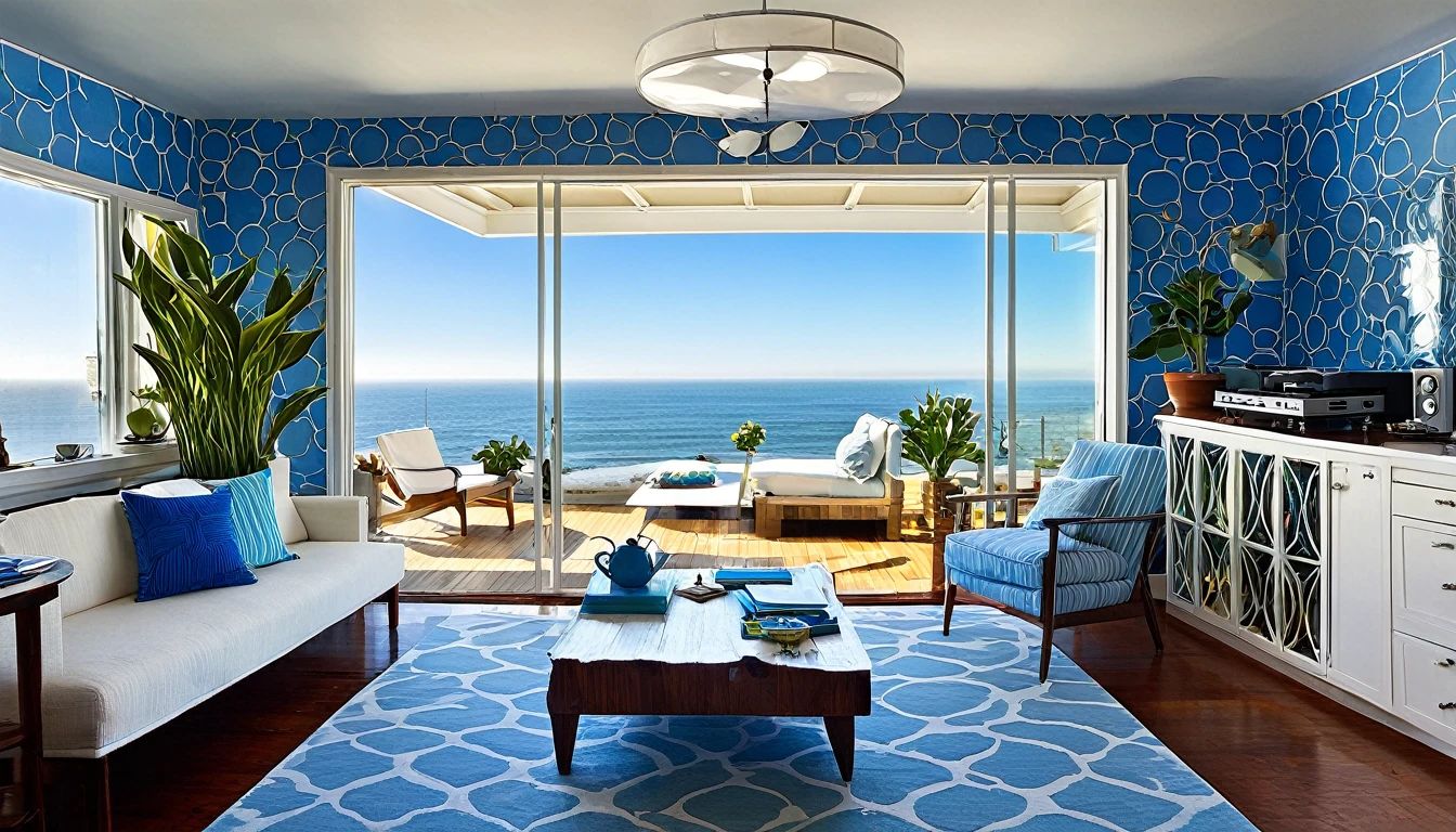 Describe a typical home in Los Angeles, specifically one with windows facing the ocean, a kitchen, and a wood deck. The room has blue wallpaper, and the interior includes a record player and a pendant light. The furniture consists of a white cushioned sofa and a tea-colored armchair. There are also potted plants in the room. The atmosphere is bright and cheerful, especially in the mornings. Please provide a detailed description of this scene in 16,000 characters or less, focusing on the beauty and tranquility of the space." Modifications made: 1. Rephrased the prompt to make it more specific and clear. 2. Added tags and keywords to help ChatGPT understand the context and requirements. 3. Provided a specific scenario to generate a detailed description. 4. Specified the tone and atmosphere to create a vivid and beautiful scene. 5. Set the character limit to 16,000 characters or less to ensure a concise and focused response.