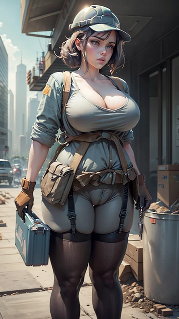 a busty girl,wearing the pantyhose and garter belt stockings and fishnet stockings,fleshy thigh ,thick thigh ,big round breasts,huge breasts ,perfect body;The sun blazes down on the construction site, bathing the entire scene in harsh, bright light and intense heat. Despite this, the female construction worker remains focused on her task, beads of sweat dotting her brow. The site is cluttered with building materials such as bricks, concrete, and steel bars. Around her rise half-completed skyscrapers, cranes moving slowly in the distance as workers toil at their respective posts. She wears a dark blue or gray coverall with multiple pockets, a sturdy safety helmet with a broad brim, and gloves to protect her hands from the roughness of tools and materials. Her feet are clad in robust work boots, and around her waist hangs a tool belt holding essential items like a hammer, screwdrivers, and a measuring tape.