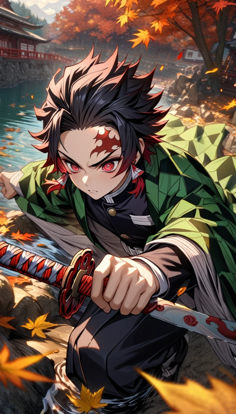 Ultra detailed, highres, absurdres, HDR, master piece, Kamado Tanjirou, ruffled black hair with burgundy tips, expressive dark red eyes, Kimetsu No Yaiba, water, autumn, petals, orange and yellow leaves, sexy man, solo, handsome, demon slayer uniform, green haori, best quality, red mark on his forehead, holding katana, fire katana, fight, epic
