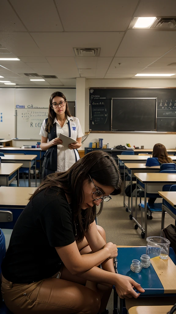 a chemistry teacher teaching in a university classroom with students looking at her