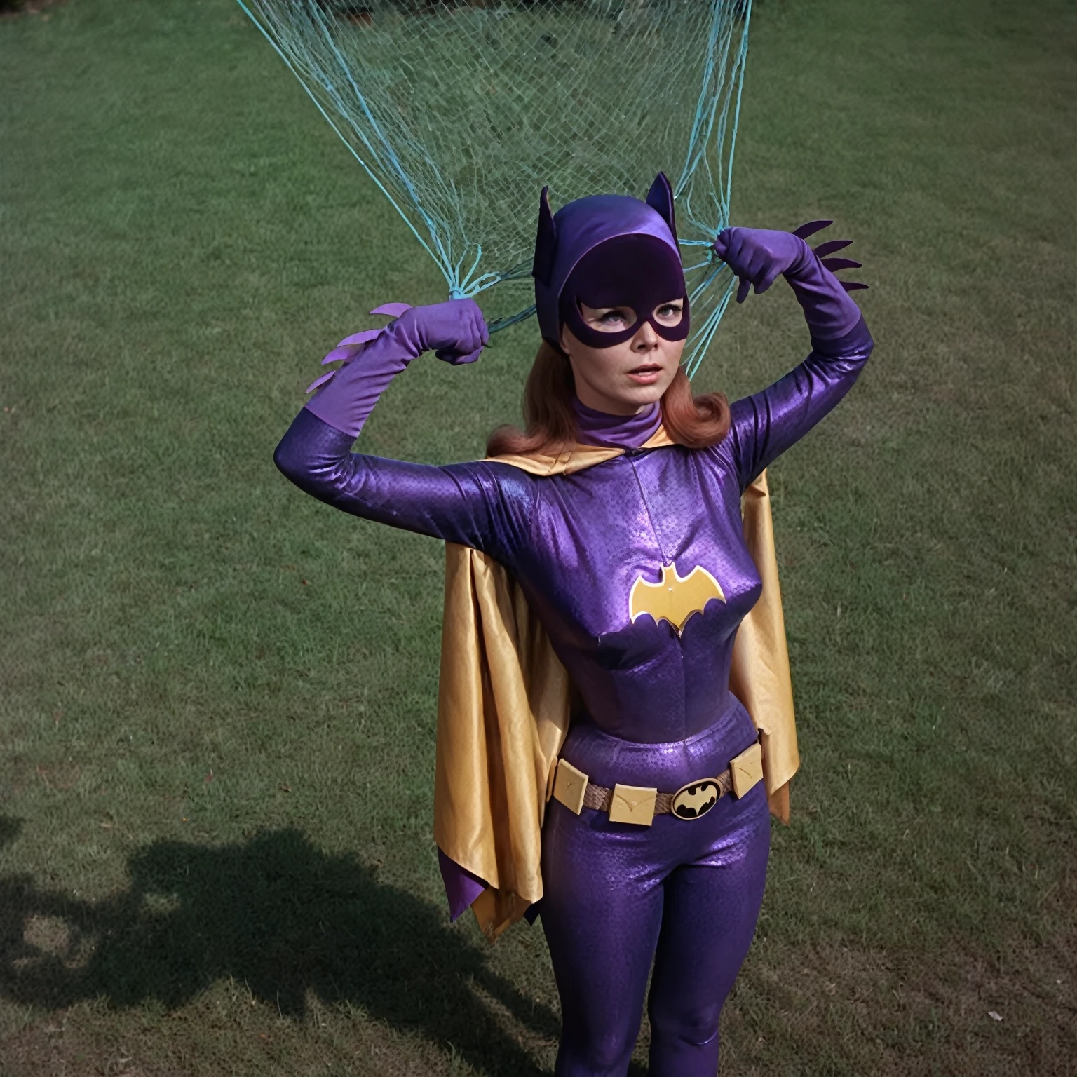 yvonne craig woman, standing facing camera, shrugged shoulders, her body is tied by a net which squeeze her body, she squeezed, she is in pain , 60's style, analog film, on grass, film grain