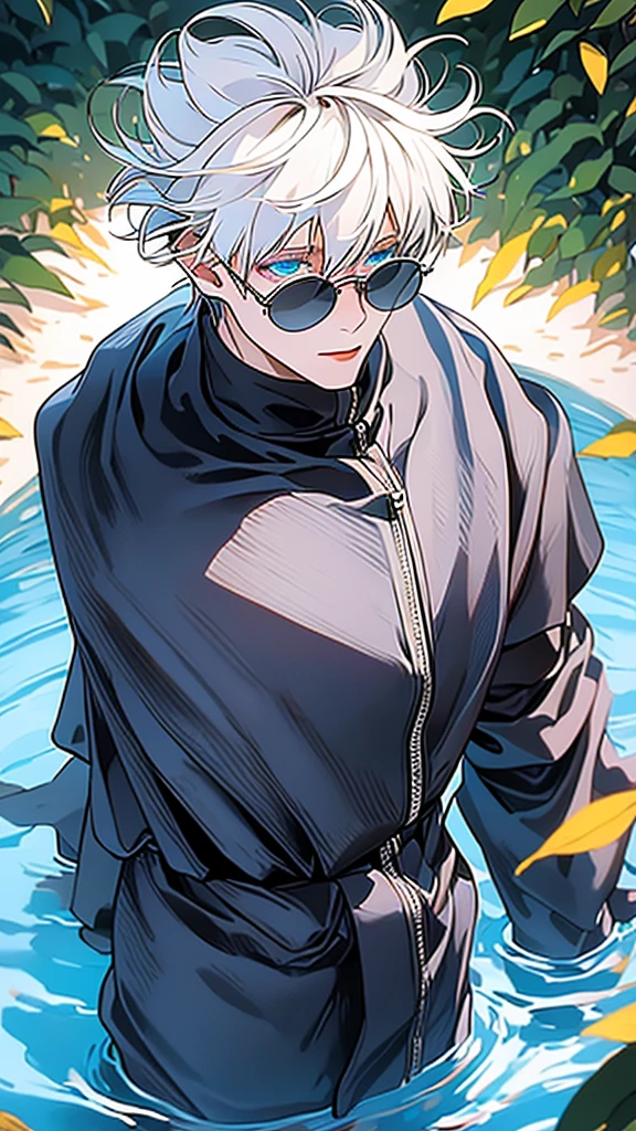 ultra detaild, high resolution, absurderes, HDR, Satoru Gojo, short white hair with bangs, hair between the eyes, expressive blue eyes, white eyelashes, Black Round Sunglasses, JUJUTSU KAİSEN, water, Thu, petals, Orange and yellow leaves, sexy man, standing alone, extremely pretty, face and eyes very detailed, black jersey, black longcoat, toned chest,