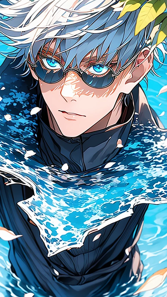 ultra detaild, high resolution, absurderes, HDR, Satoru Gojo, short white hair with bangs, hair between the eyes, expressive blue eyes, white eyelashes, Black Round Sunglasses, JUJUTSU KAİSEN, water, Thu, petals, Orange and yellow leaves, sexy man, standing alone, extremely pretty, face and eyes very detailed, black jersey, black longcoat, toned chest,