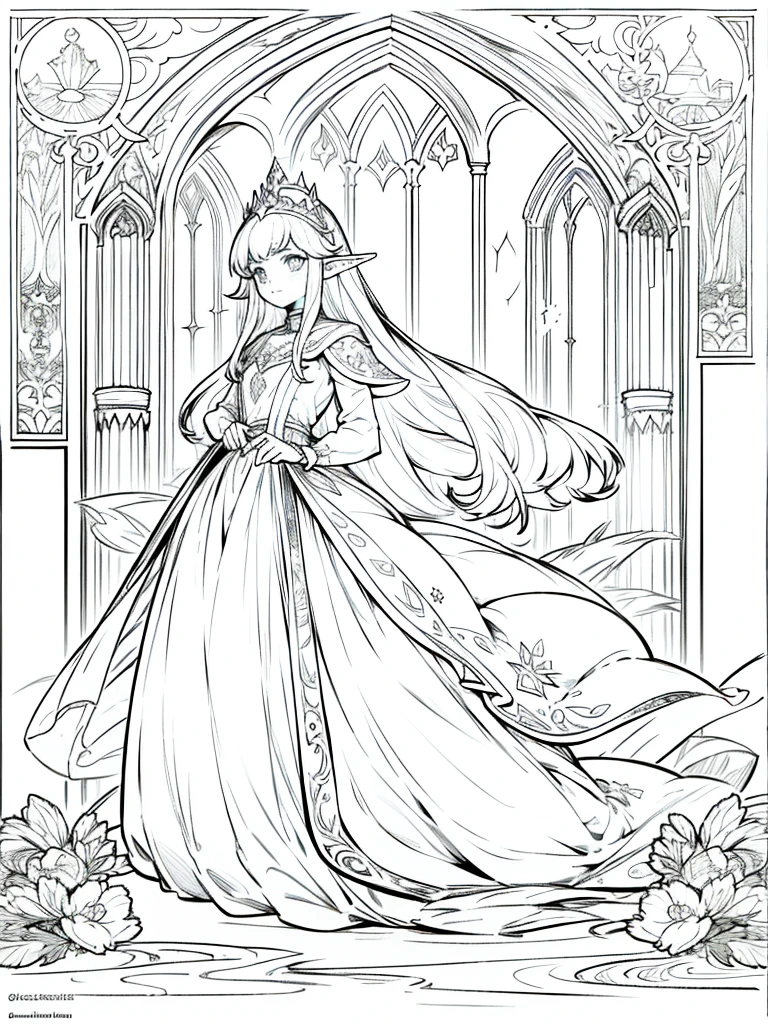 Please generate only the outline or stroke of this drawing so that I can use it in a coloring book: A beautiful elf princess in her castle
