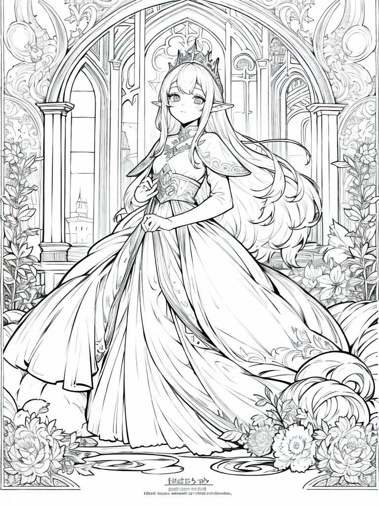 Please generate only the outline or stroke of this drawing so that I can use it in a coloring book: A beautiful elf princess in her castle