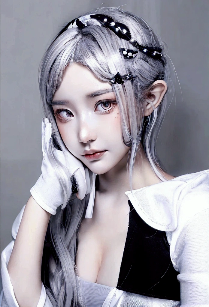 there is a woman with a white shirt and a black and white manicure, wearing silver hair, grey hair, silver hair, cloudy grey hair, with short hair, some grey hair, short grey hair, silver color, girl silver hair, ash blond greyish hair, girl with short white hair, flowy white grey hair, going gray, chrome bob haircut