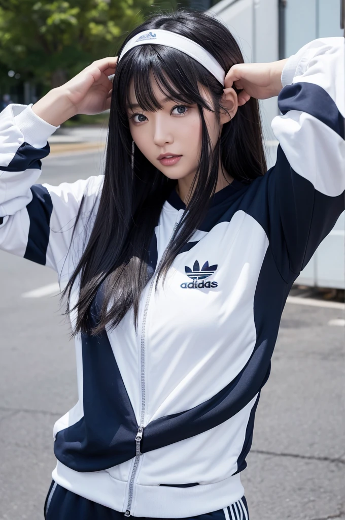 30-year-old woman,Mature,Black Hair,Asian,Korean style long hair,Headband,Long Bangs,Blue Eyes,Adidas track pants