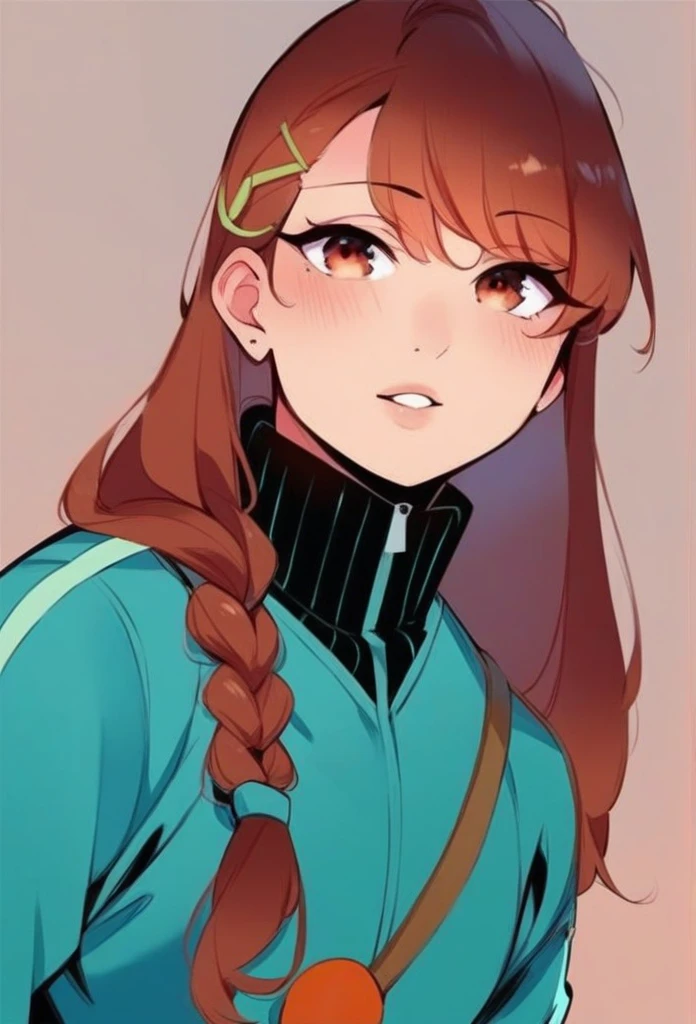 juder_style, score_9, score_8_up, score_7_up, score_6_up, score_5_up, score_4_up, hd, (ultra hd quality details), 8K, 1girl, long hair, Hourglass body, gray eyes, brown hair, 2d illustration, long braid, cyan varsity jacket