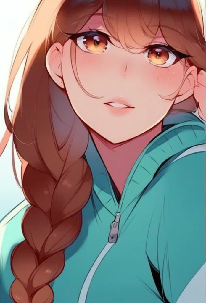 juder_style, score_9, score_8_up, score_7_up, score_6_up, score_5_up, score_4_up, hd, (ultra hd quality details), 8K, 1girl, long hair, Hourglass body, hazel eyes, brown hair, 2d illustration, long braid, cyan varsity jacket
