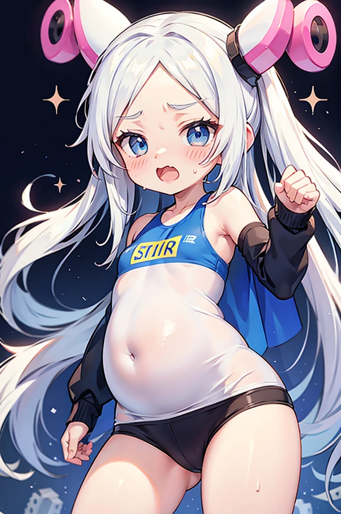 Super skillful anime illustration,Boxercise at the gym,
splatoon style,cute girl,white long Hair,shiny delta forehead,Bangs parted in middle of forehead,blue eyes,white battle suit,baby face,Octopus sucker-shaped headgear,open mouth,pregnant,sweat,((ecstasy face)),