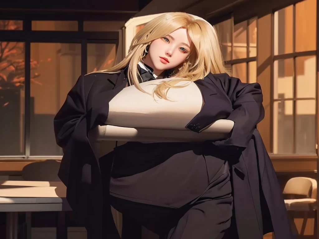 Beautifull girl in a suit standing in front of a window, anya from spy x family, from girls frontline, fine details. girls frontline, female , blonde anime girl with long hair, girls frontline style, official art, full-body character portrait, beautifull girl visual of a young woman, violet evergarden, rena nounen style 3/4