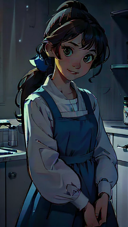 best quality,masterpiece,1girl,solo,(((13years old))),japanese girl,an extremely cute and handsome girl,highly detailed beautiful face and eyes,petit,cute face,lovely face,baby face,shy smile,show teeth,brown hair,long hair,flat chest,skinny,slender,(((wearing a BelleWaifu
blue dress, white shirt, white long sleeves, ponytail, bow, white apron))),(((standing in Dark Midnight reelunsettling
indoors
solo))),she is looking at the viewer,StopMotion style,upper body, (at night, darkness, no light:1.4)