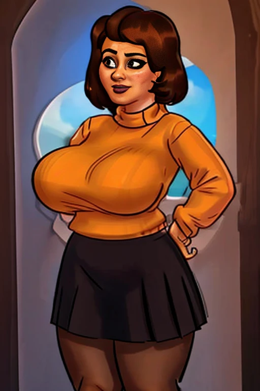 (work of art:1.2), (best qualityer), (ultra detaild), (8k, 4K, Intricate),(full body shot shot:1), (highy detailed:1.2),(face detailed:1.2), (detailed back ground),detailed landscape, ((portraite)), (dynamic pose:1.2)  velma, 1 girl, standing alone, breastsout, looking ahead at viewer, shorth hair, overskirt, large breastsout, chestnut hair, eyes browns, pantyhose, pleated overskirt, cups, sweater, high collar, ribbed sweater, high collar sweater, orange shirt, orange sweater,((trunk))