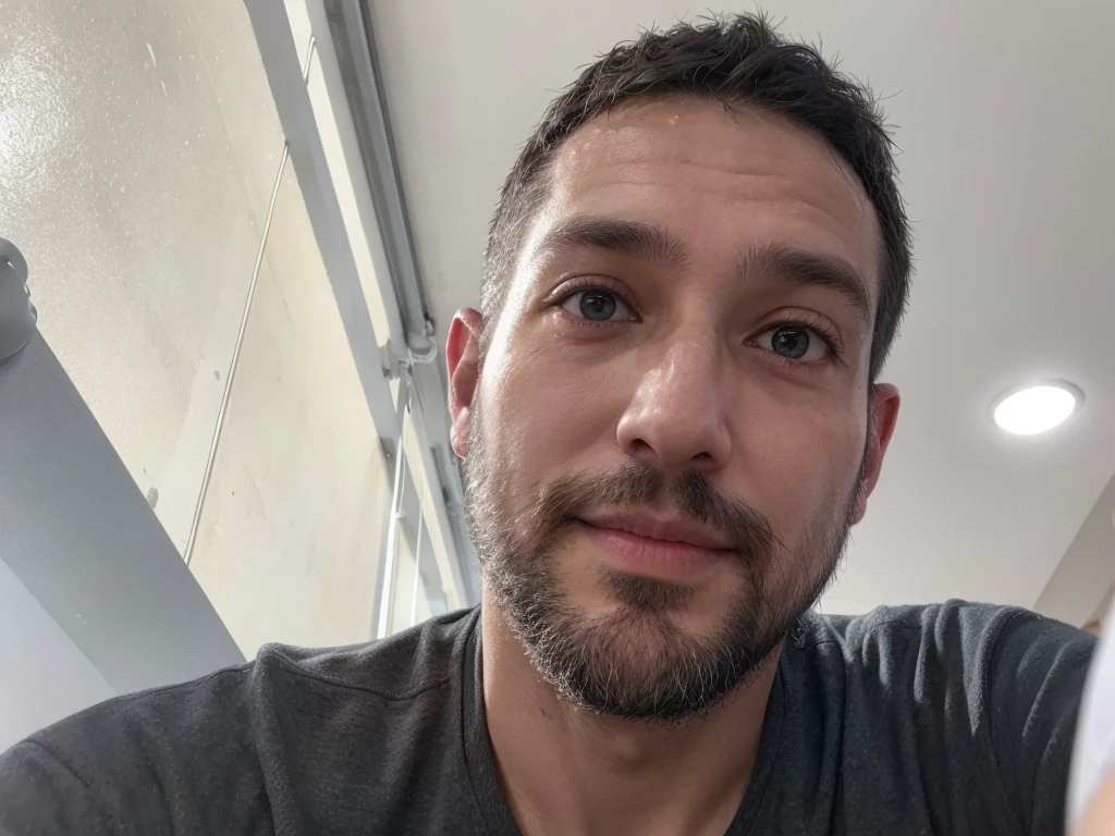 40-year-old man with a slight beard and a small smile sitting in a cafe