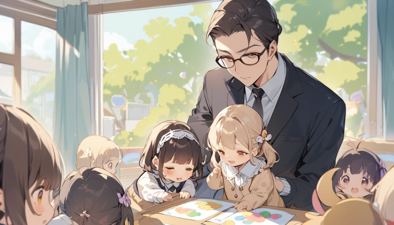 A teacher wearing lace is teaching kindergarten children