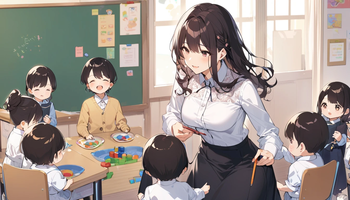 A teacher wearing lace is teaching kindergarten children
