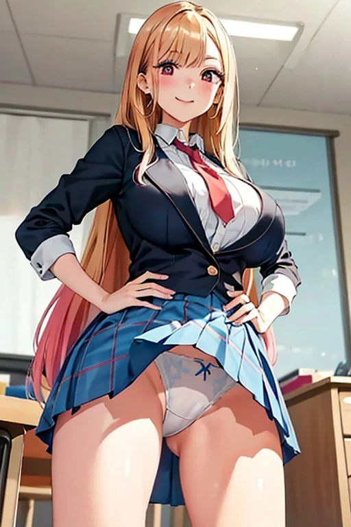 masterpiece、High resolution、high resolution、4K、8k、(((Spread your legs、Big Breasts、Bare your chest、valley)))、((Shiny underwear)))、Uniform Blazer、Beautiful beauty、Long golden hair、((whole body))、(((Photo taken from below)))、School、classroom、Large Breasts、Big Breastini skirt、The color of the pants is black、Japanese、tall、Long limbs、18-year-old、Kitagawa Marin、A beautiful nose like a model、Put one hand on your hip、Natural smile、Sexy pose、Hairstyle: Long hair、Beautiful belly button、Beautiful legs、Attractive thighs