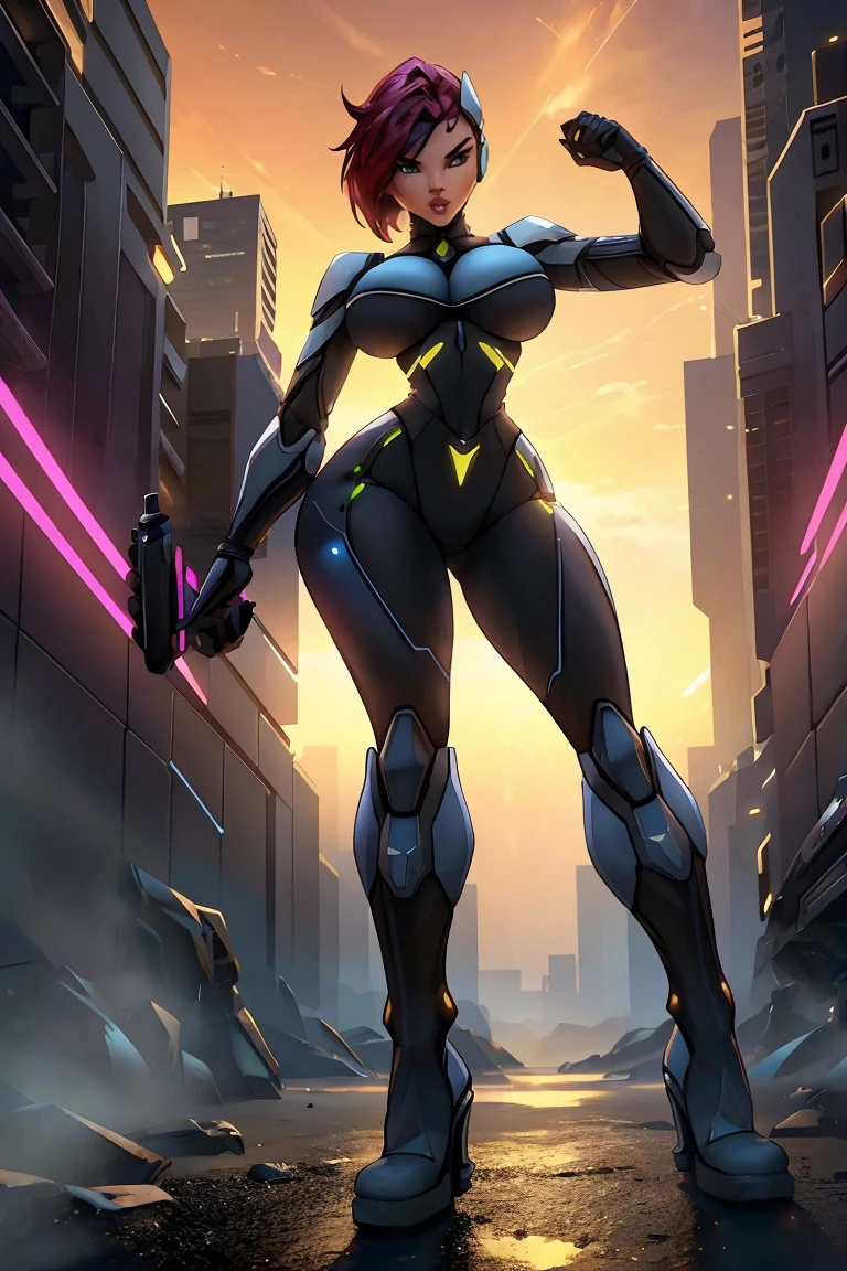 a girl wearing mecha cyber armor,technology bodysuit,smart lines in the costume,cleavage,tech boots,tech gloves,(((dynamic seduction pose))),(mechanized valkyrie girl),full body,high heels,intricate details,hyper realistic,8k,award winning,cinematic lighting,dynamic pose,dramatic colors,complex patterns,futuristic,cyberpunk,chiaroscuro lighting,highly detailed,photorealistic,unreal engine,volumetric fog,advanced rendering, Hand aiming with gun..