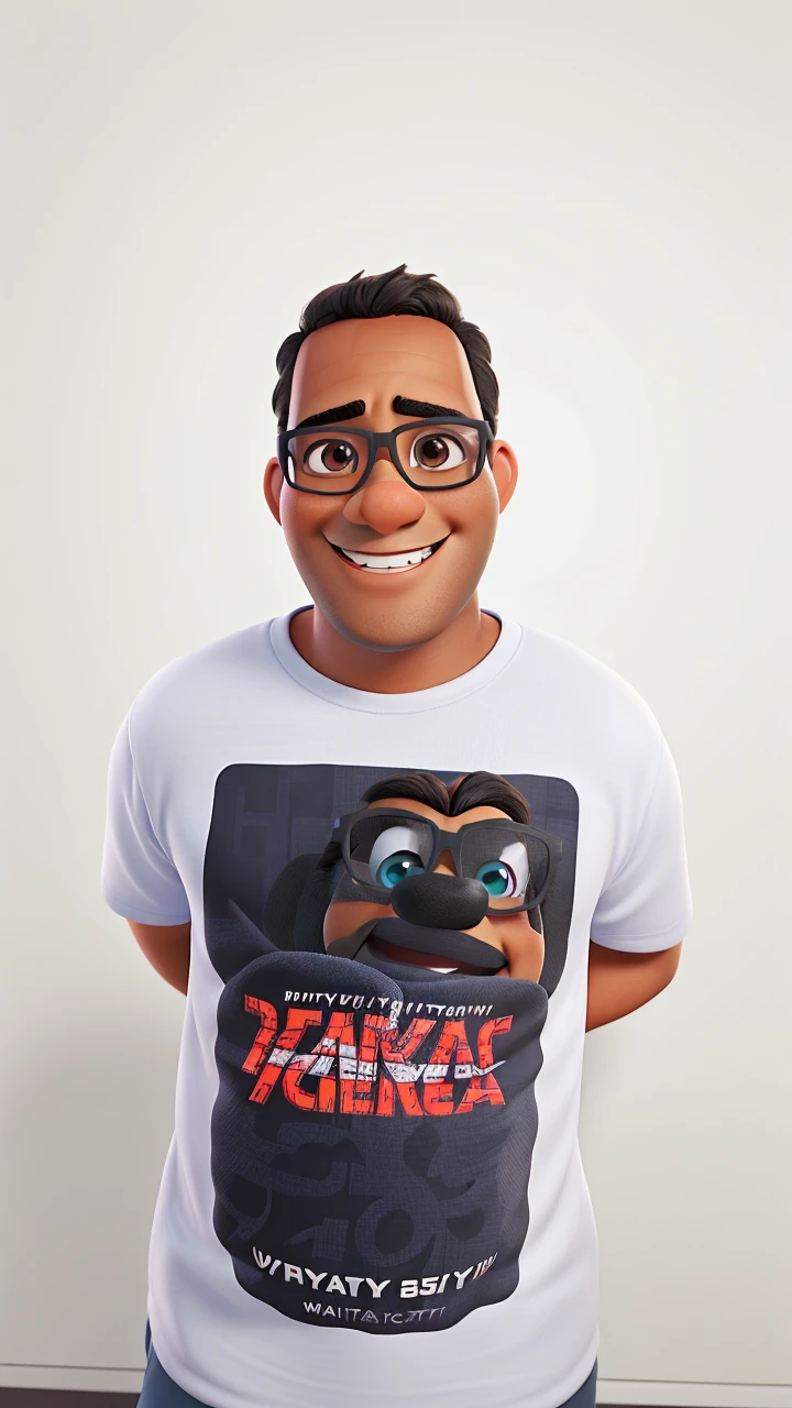 Poster not in Disney Pixar style, high qualiy, best qualityer, Brown man, 40 years black hair, smiling, with glasses. com fundo branco