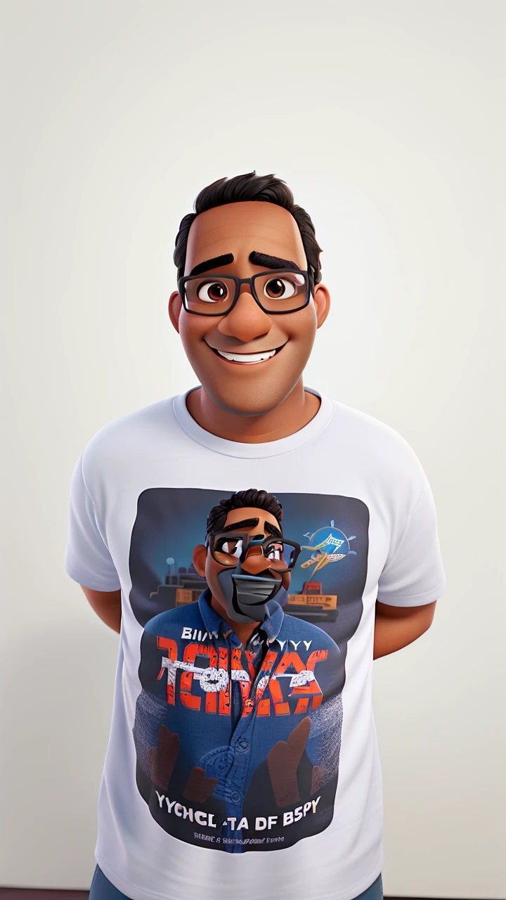 Poster not in Disney Pixar style, high qualiy, best qualityer, Brown man, 40 years black hair, smiling, with glasses. com fundo branco