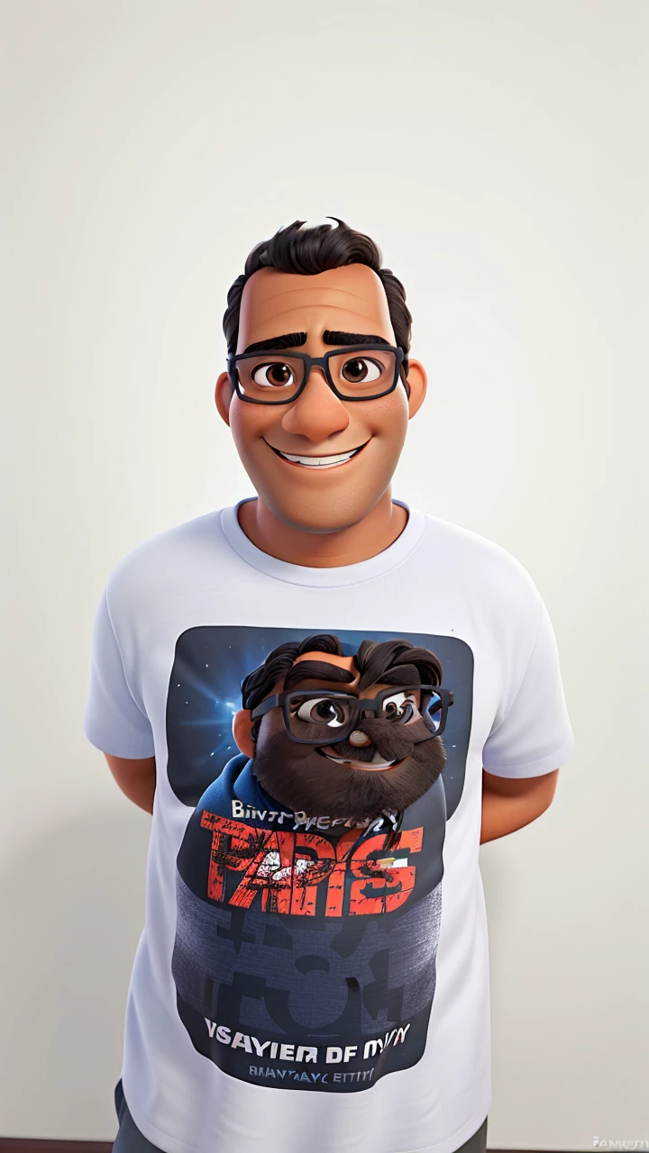 Poster not in Disney Pixar style, high qualiy, best qualityer, Brown man, 40 years black hair, smiling, with glasses. com fundo branco