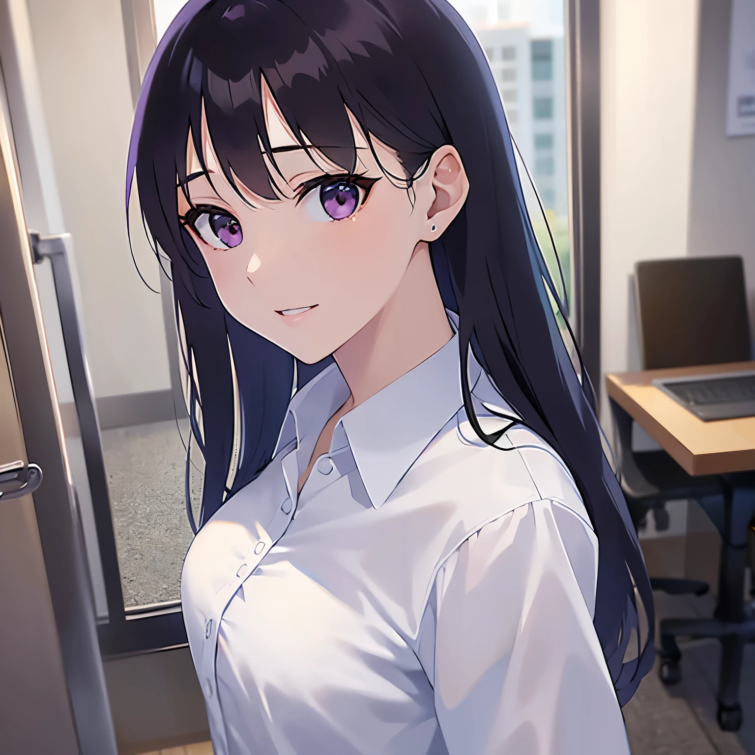Upper Body,hair flip 、 Realistic, real person, (pale skin: 1.2), RAW photo, photorealistic, shiny skin, shiny hair、(A 25-year-old woman with straight hair and bangs) and (medium hair) and (black hair) and (purple eyes) , (Wearing a business suit:1.5) and (Wearing a white collared shirt)、smile, Background is an office room、Alone、Are standing、