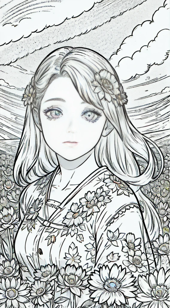 Woman looking at camera, (Flower Field), ((closeup)), portrait, clouds, line art