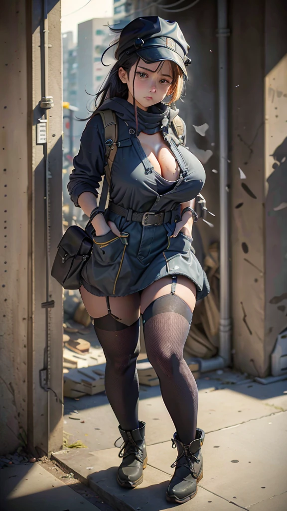 a busty girl,wearing the pantyhose and garter belt stockings and fishnet stockings,fleshy thigh ,thick thigh ,big round breasts,huge breasts ,perfect body;The sun blazes down on the construction site, bathing the entire scene in harsh, bright light and intense heat. Despite this, the female construction worker remains focused on her task, beads of sweat dotting her brow. The site is cluttered with building materials such as bricks, concrete, and steel bars. Around her rise half-completed skyscrapers, cranes moving slowly in the distance as workers toil at their respective posts. She wears a dark blue or gray coverall with multiple pockets, a sturdy safety helmet with a broad brim, and gloves to protect her hands from the roughness of tools and materials. Her feet are clad in robust work boots, and around her waist hangs a tool belt holding essential items like a hammer, screwdrivers, and a measuring tape.