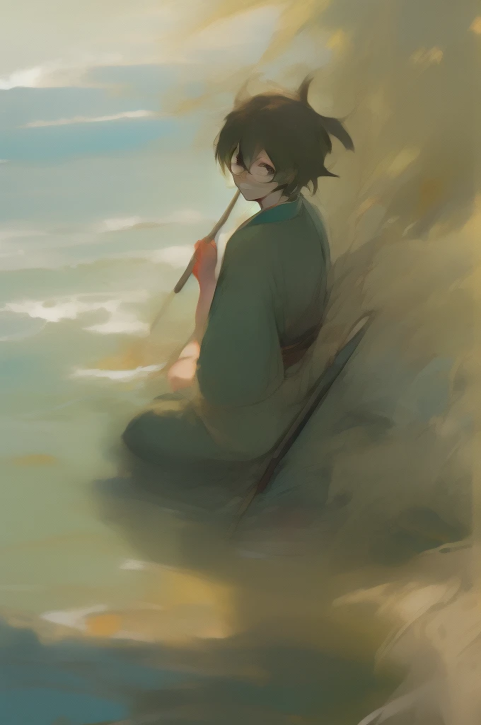 masterpiece, best quality, ultra detailed, male, samurai, glad, smiling, sitting on the floor, looking ahead, messy hair, green hair, odd eyes, droopy eyes, wheatish skin, tall, skinny, kimono, glasses, holding fishing rod, 30-year-old, japanese, in the ocean, with a sun, in the afternoon,  full body shot, from behind, sunbeam, low saturated colors, Light_OliveGreen