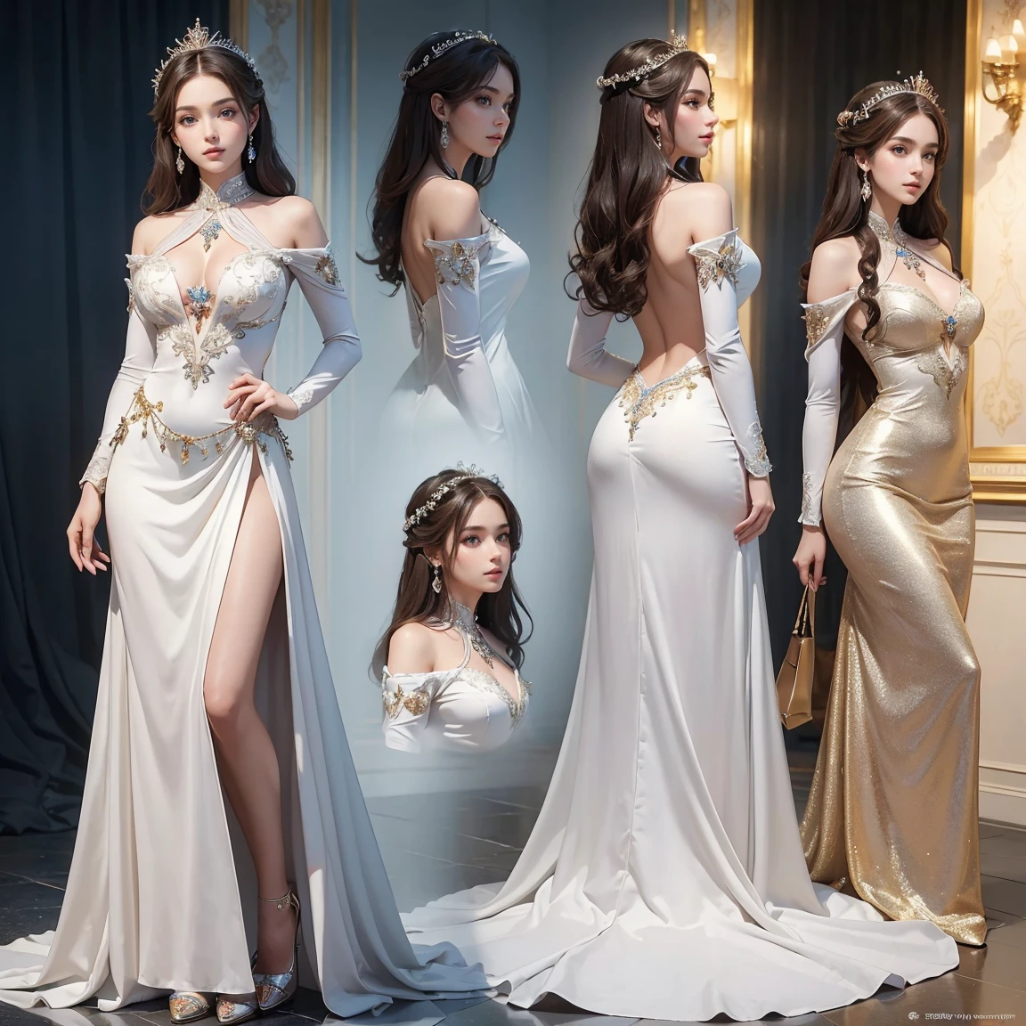 (masterpiece, highest quality:1.5), ultra detailed, high resolution, 16k, the most beautiful face in the world, highly detailed beautiful face and eyes, shiny skin, fine cloth texture, perfect anatomy, BREAK, (the incarnation of beauty:1.3), (goddess of beauty:1.3), (gorgeous and stunning princess:1.3), perfect make-up, deeply in love, full of elegance. (full body:1.5), (three view drawing, front and back and side, character sheet:1.3)