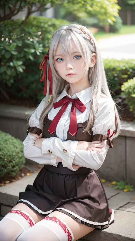 - Anime-style girl with long white hair and blue eyes - Wearing a Japanese  - Serious expression、Arms crossed - White blouse and brown skirt - Red ribbon on the collar - White thigh-high socks with decorative patterns