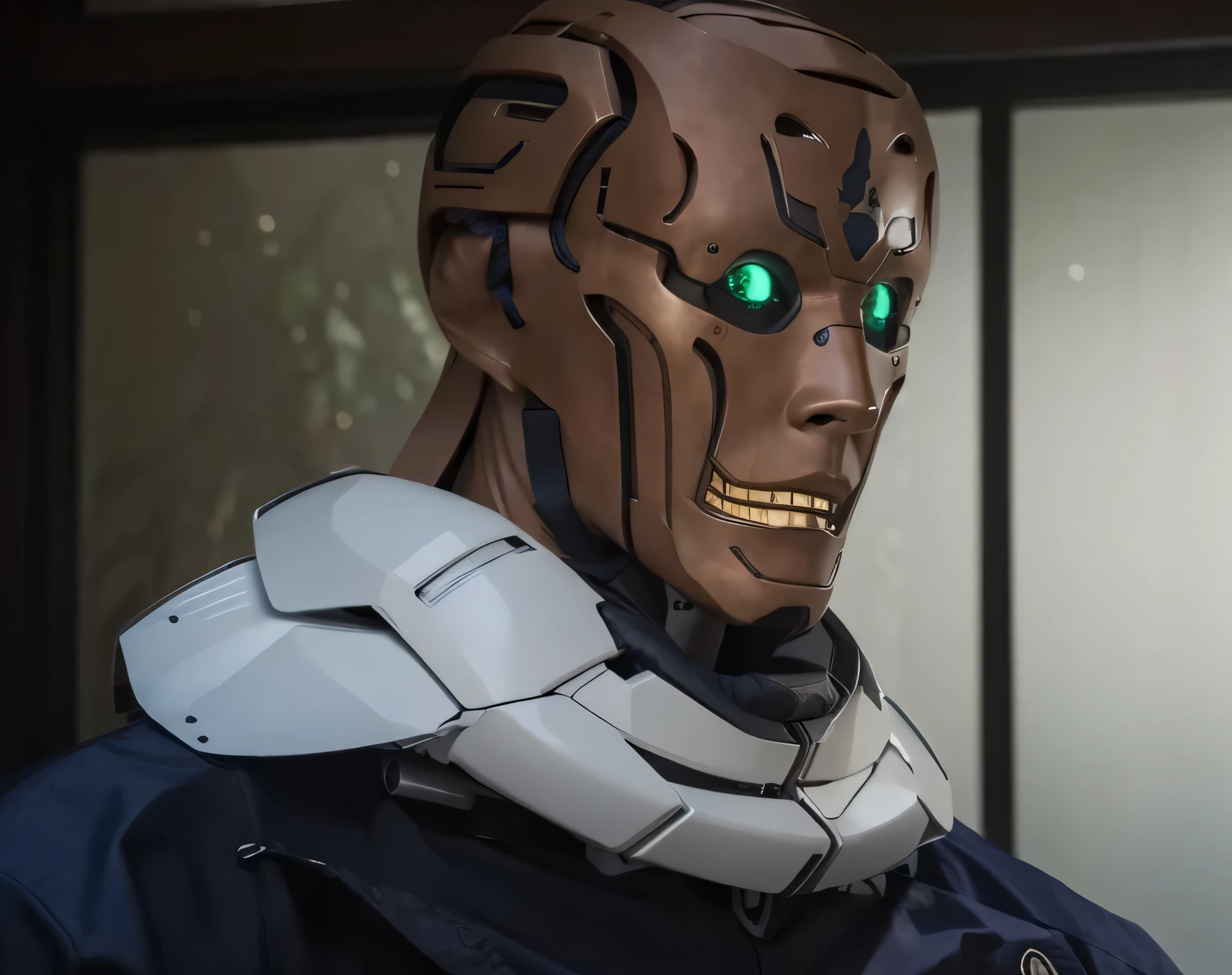 Masterpiece, Extremely Realistic, UHD, 8K, Extremely Detailed, depth of field, Detailed face, best photography, Jujutsu Kaishen, mechamaru Jujutsu Kaisen, robot cosplay, High quality image, detailed hair texture, detailed skin texture, detailed cloth texture, add fabric details, ultra detailed skin texture, ultra detailed photo, skin pores, cloth details, high skin details, realistic hair details, brown color, robot, realrobot, all mask, robot mask, no humen face