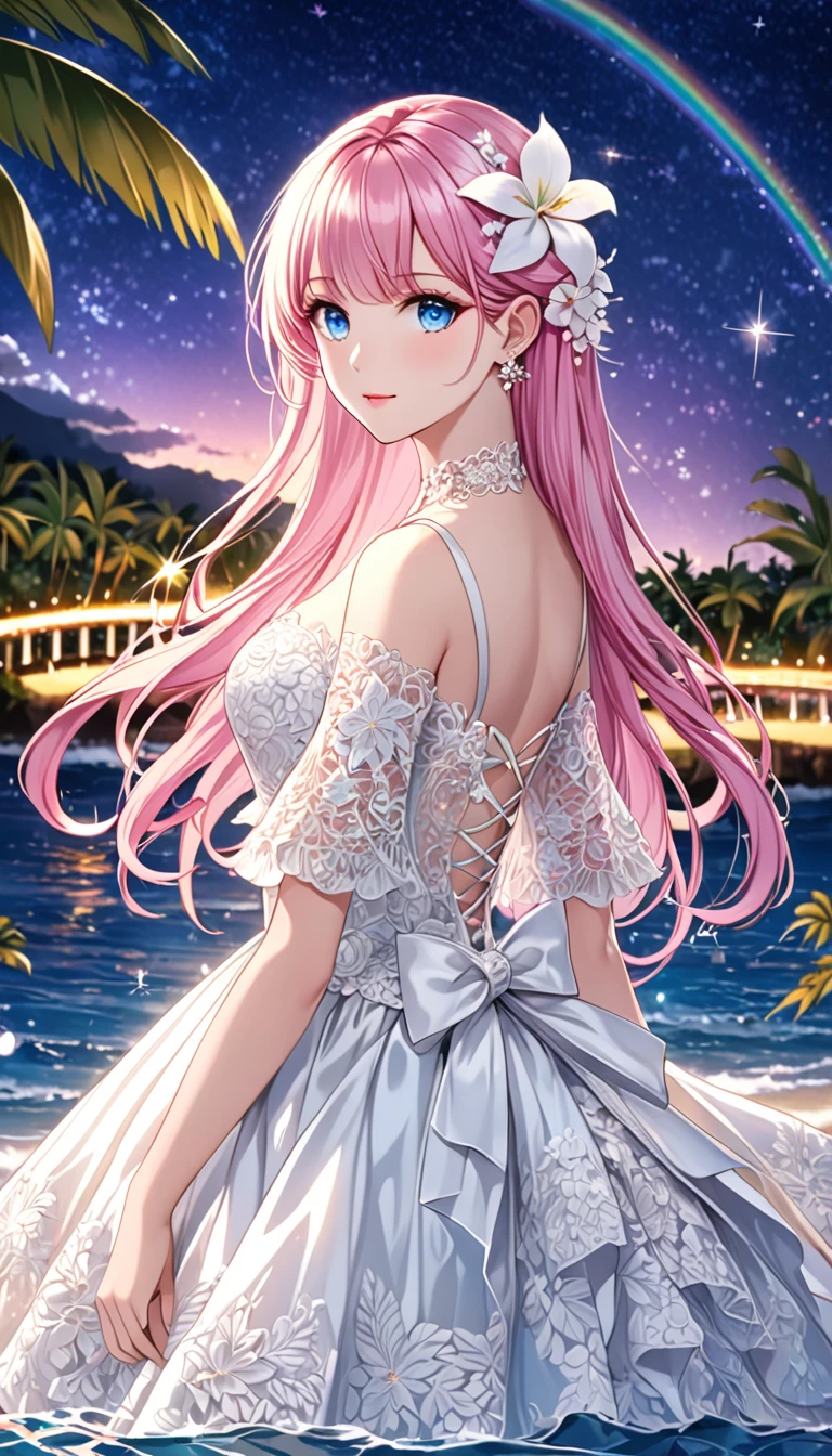 (masterpiece, Very detailed, Exquisite, beautiful, Full HD, High resolution, absurdes), Lilia, A girl with long pink hair, Blue eyes, a white dress with black lace, a big pink ribbon on her chest, a white flower hair ornament around her right ear. For a luxurious and elegant look、Intricate designs and patterns are required。.。.background , The image is、Light reflected on the surface of the water、There is an illuminated bridge ahead.、Must describe a romantic Hawaiian beach at night.。, Enhances sparkle and rainbow effects across the image. make you look good、Add some special frills to your dress to make it stand out.