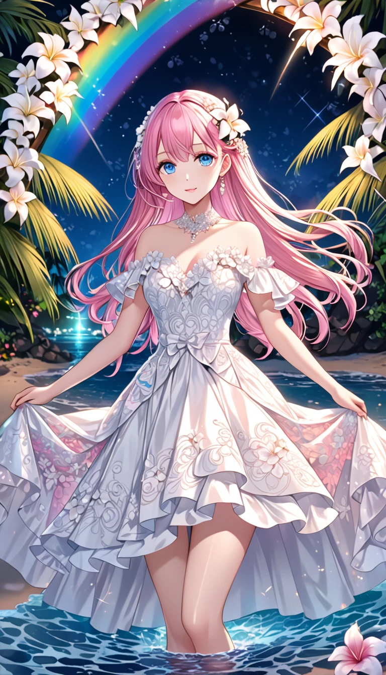 (masterpiece, Very detailed, Exquisite, beautiful, Full HD, High resolution, absurdes), Lilia, A girl with long pink hair, Blue eyes, a white dress with black lace, a big pink ribbon on her chest, a white flower hair ornament around her right ear. For a luxurious and elegant look、Intricate designs and patterns are required。.。.background , The image is、Light reflected on the surface of the water、There is an illuminated bridge ahead.、Must describe a romantic Hawaiian beach at night.。, Enhances sparkle and rainbow effects across the image. make you look good、Add some special frills to your dress to make it stand out.