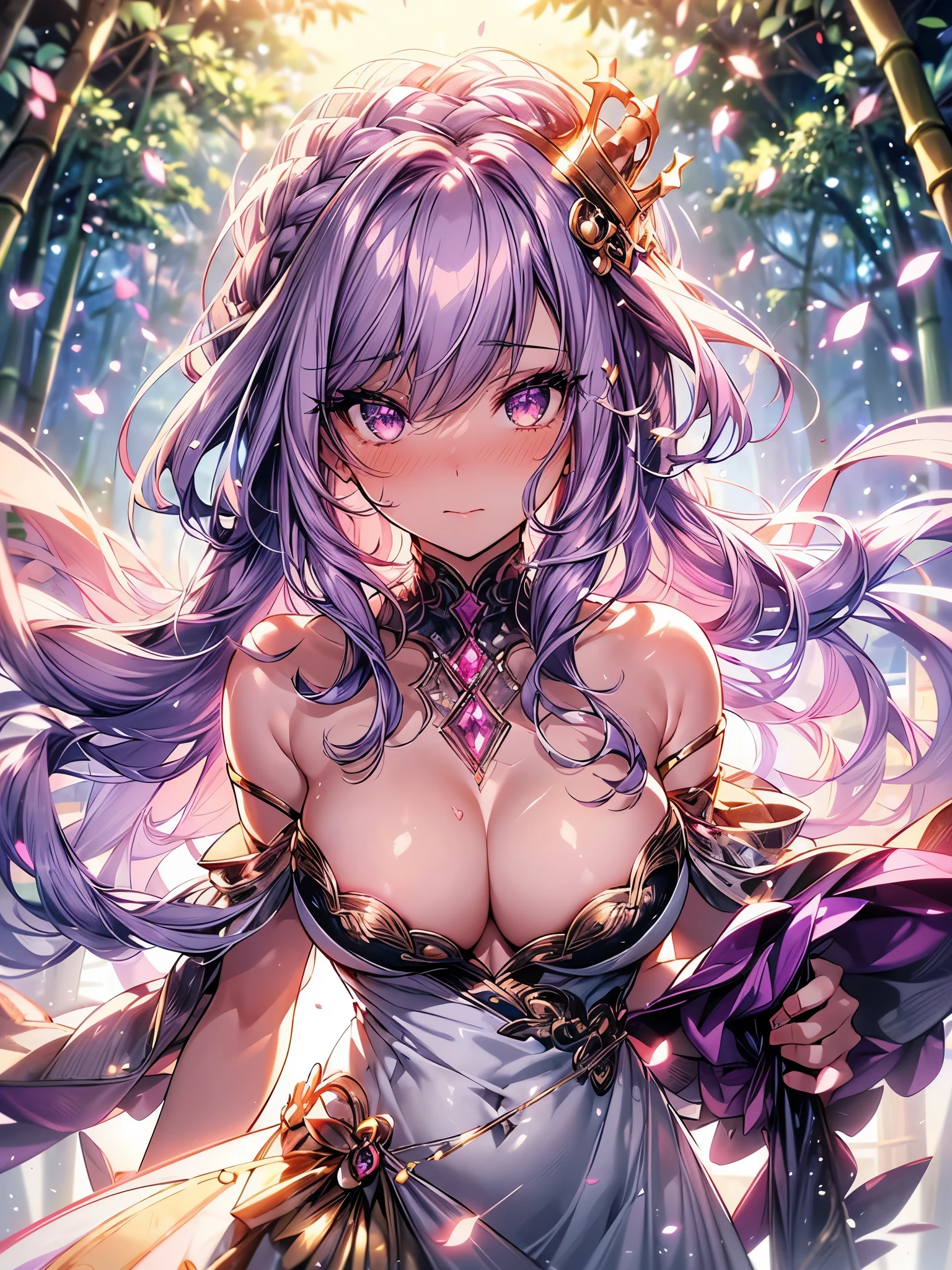 mature woman, 1girl, (masterpiece, best quality, extremely detailed), sharp focus, detailed face, face focus, extremely detailed eyes, long hair, crown braid, hair over the shoulders, (purple hair: 1.3), purple eyes, (sparkling eyes: 1.2), long eyelashes, (strong blush, drunk: 1.2), delicate makeup, big breasts, ((pink and white complicated dress, bare shoulders, décolleté)), ((dusk, holding diamond shard, discovery, bamboo shoots background, grass, green particles around, calm lake, cherry blossom background, breeze)), cinematic lighting, edge lightning, ray tracing, shading, dynamic angle, full-length image, walks,