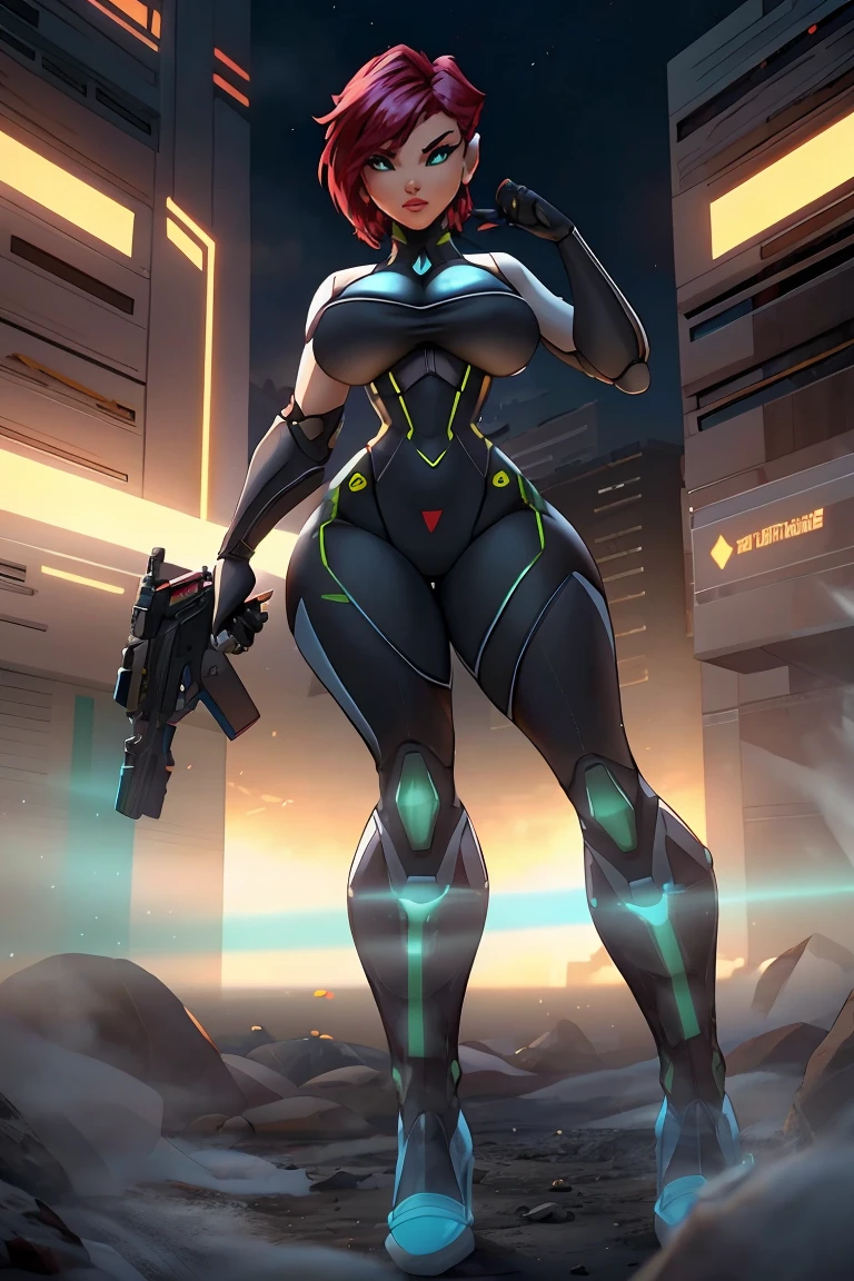 a girl wearing mecha cyber armor,technology bodysuit,smart lines in the costume,cleavage,tech boots,tech gloves,(((dynamic seduction pose))),(mechanized valkyrie girl),full body,high heels,intricate details,hyper realistic,8k,award winning,cinematic lighting,dynamic pose,dramatic colors,complex patterns,futuristic,cyberpunk,chiaroscuro lighting,highly detailed,photorealistic,unreal engine,volumetric fog,advanced rendering, Hand aiming with gun..