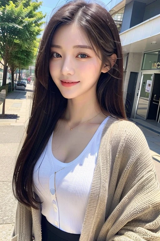 (masterpiece:1.3),(High resolution, Highest quality,Ultra high definition), 8k,One girl, Very beautiful face and eyes,very realistic,Highly detailed face,double eyelid,Chest-length hair,Extremely detailed and realistic skin,Black Hair, Random Hairstyles,smile,cardigan,Fluttering Skirt,((outside,In town)),From the waist up
