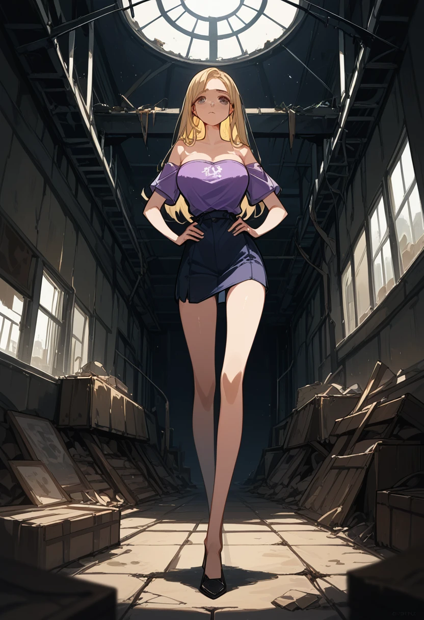 Masterpiece, best quality, Masterpiece, best quality, 1 woman, long blonde hair , purple eyes , Topless , ยีนส์Long legs , big breasts , abdomen , Long legs , Put your hands on your hips... , shoe , full body , abandoned factory , at night