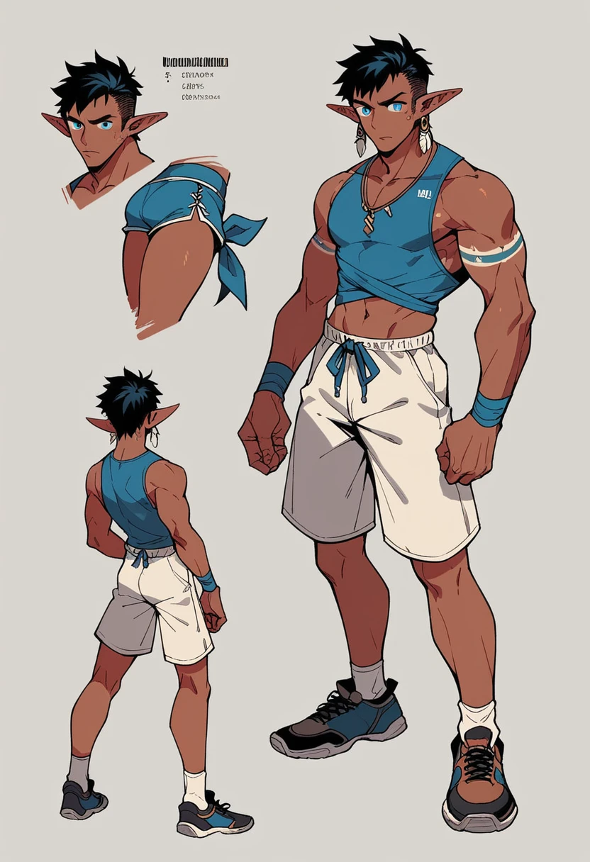 Dark Elf Male , blue pupils, Black Tied hair , wearing tribal Earrings , Concept ART , dojo Workout clothes ,Full body , Shoes , Shorts ,